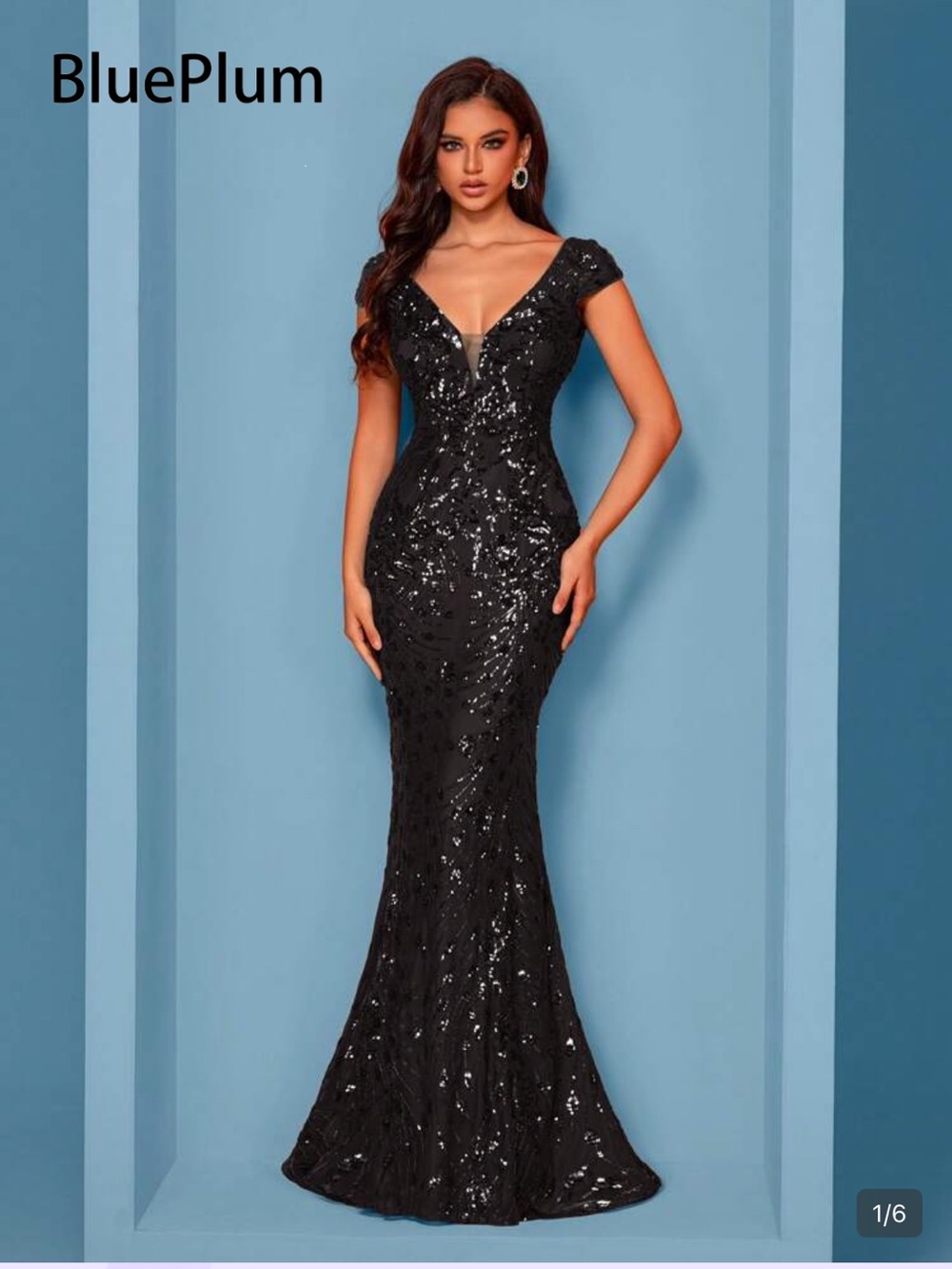 SHEIN Black Sequin V-Neck Mermaid Maxi Dress